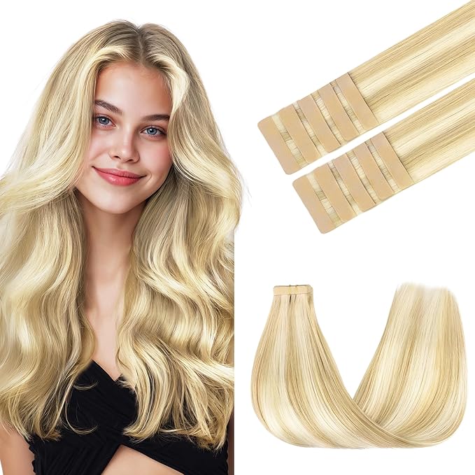 GOO GOO Tape in Hair Extensions Human Hair, 18D/22F Dirty Blonde Highlights, 14inch 25g 10pcs, Skin Weft Seamless Invisible, Silky Straight with Thick Ends, Remy Human Hair