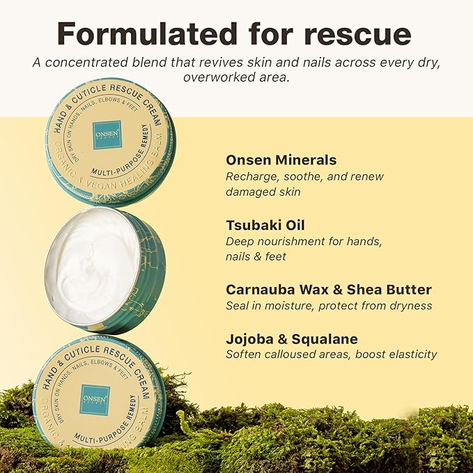 Onsen Hand & Cuticle Rescue Cream | Organic Nail Strengthener & Balm | Dry, Cracked Hands, Elbows & Feet | Shea Butter, Tsubaki & Jojoba Oil | Nail Repair & Growth, Vegan - 2 Pack (0.88 oz)