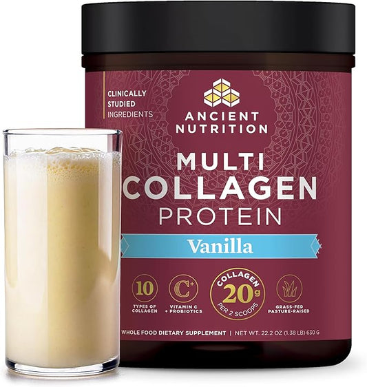 Ancient Nutrition Collagen Peptides Powder, Multi Collagen Protein, Women & Men, Vitamin C, Probiotics, Hydrolyzed Collagen, Supports Skin, Joints, Gut Health, Vanilla, 60 Servings