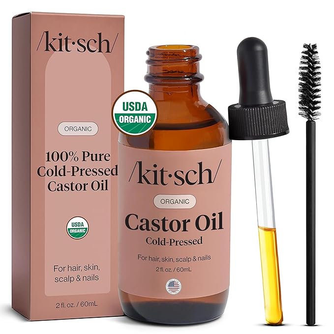 Kitsch Organic Castor Oil for Hair Growth - 100% Pure Castor Oil, Organic Cold Pressed Unrefined Glass Bottle for Face, Skin, Lashes, Brows, Scalp, Nails & Belly Button | Ideal Gifts for Women - 2 oz