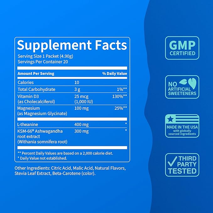 Nello Supercalm Powdered Drink Mix, Cortisol Reducer* and Sleep Aid Supplement, L Theanine, Ksm-66 Ashwagandha, Magnesium Glycinate, Vitamin D 3, No Sugar, Non GMO, On The Go, 20 Ct, Pineapple Mint