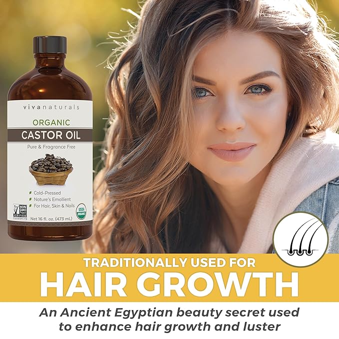 Viva Naturals Organic Castor Oil, Cold-Pressed, 16 fl oz – For Face, Hair, Eyelashes, USDA Organic, Non-GMO - Glass Bottle