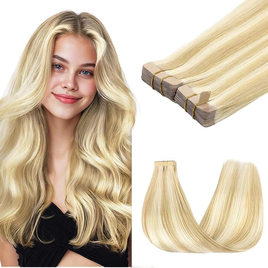 GOO GOO Tape in Hair Extensions Human Hair, 18D/22F Dirty Blonde Highlights, 20inch 100g 40pcs, Skin Weft Seamless Invisible, Silky Straight with Thick Ends, Remy Human Hair