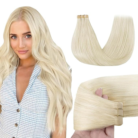 GOO GOO Tape in Hair Extensions Human Hair, 60A Platinum Blonde, 12inch 40g 20pcs, Skin Weft Seamless Invisible, Silky Straight with Thick Ends, Remy Human Hair
