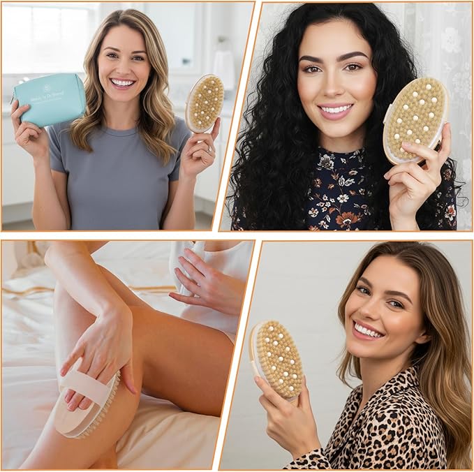 10 Pcs Dry Brushing Body Brush, Natural Bristle Body Brush with Massage Nodes for Lymphatic Drainage and Improving Skin Health and Reduces Acne, Soft Handle with Boar, Brushes for Shower