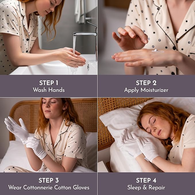4 Pairs Cottonnerie Basics Cotton Gloves for Dry Hands Sleeping, Moisturizing Gloves Overnight, Hand Moisturizer Gloves, Moisture Gloves for Dry Hands Overnight, Sleeping Gloves, Large