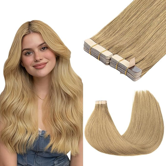 GOO GOO Tape in Hair Extensions Human Hair, 7 Bronde, 26inch 120g 40pcs, Skin Weft Seamless Invisible, Silky Straight with Thick Ends, Remy Human Hair
