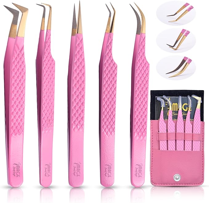 5 Pcs Fiber-Tip Japanese Steel Lash Tweezer Set with Leather Case, Professional Eyelash Tweezers for Lash Extensions – Titanium Coated, 90 & 45 Angled, Precision Pointed Tweezers (PINK)