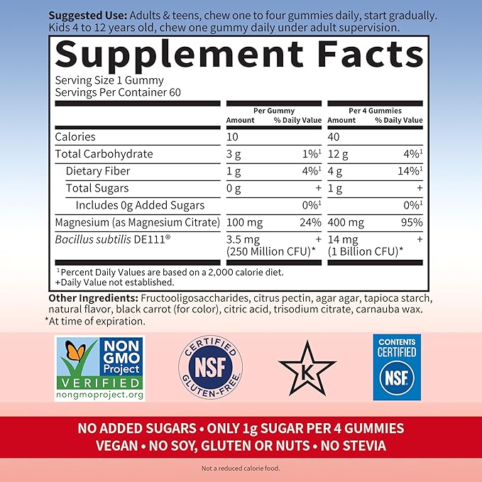 Garden of Life Magnesium Citrate Supplement Gummies with Prebiotics & Probiotics for Stress, Sleep & Recovery - Vegan, Gluten Free, Kosher, Non-GMO, No Added Sugars, Raspberry Flavor, 60 Count