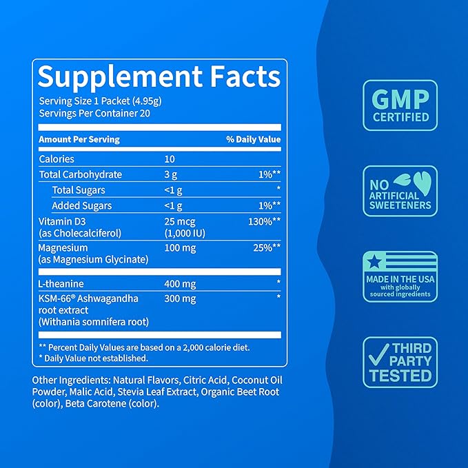 Nello Supercalm Powdered Drink Mix, Cortisol Reducer* and Sleep Aid Supplement, L Theanine, Ksm-66 Ashwagandha, Magnesium Glycinate, Vitamin D 3, No Sugar, Non GMO, On The Go, 20 Ct, Orange Creamsicle