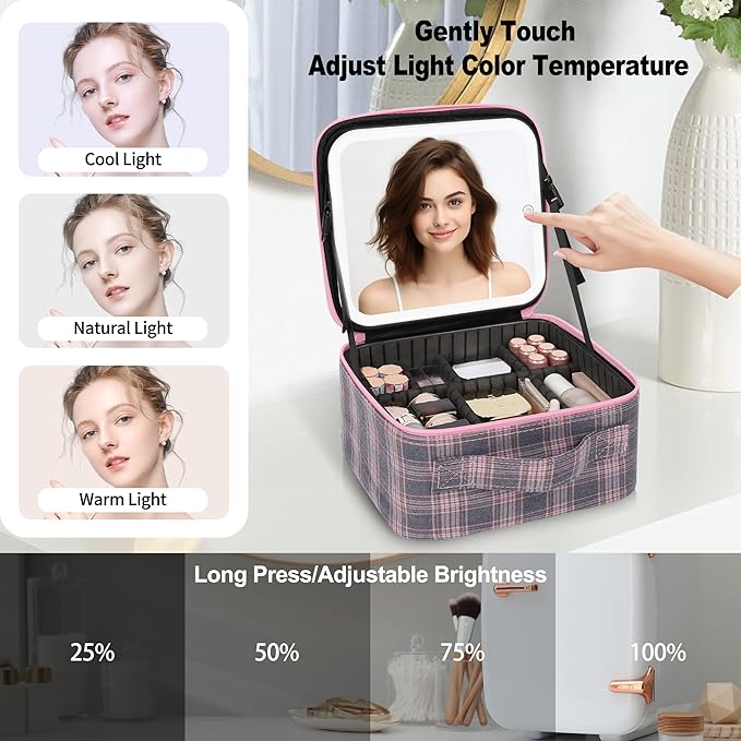 Relavel Travel Makeup Bag With LED Mirror, Portable Cosmetic Organizer Bag with Adjustable Brightness in 3 Color Scenarios, Small Train Case with Detachable Dividers for Trip- Grey Strip