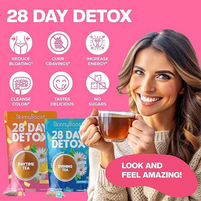 Skinny Boost Detox Tea Kit-Slimming Tea for Weight, Metabolism, Energy, Bloating & Colon Cleanse – Green Tea, Herbal, Vegan, Keto, Non-GMO, Sugar-Free-2 PACK –1 Daytime (28 Bags) + 1 Evening -(14 Bags)