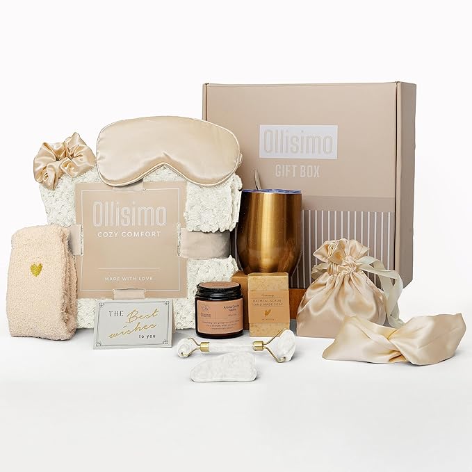 Luxury Gift Basket for Women – Spa Self Care Kit, Hug in a Box, Get Well Soon Package, Thinking of You Gift, Birthday Box, Relaxing Set, Sympathy Present for Her, Mom, Wife, Sister (Ivory)