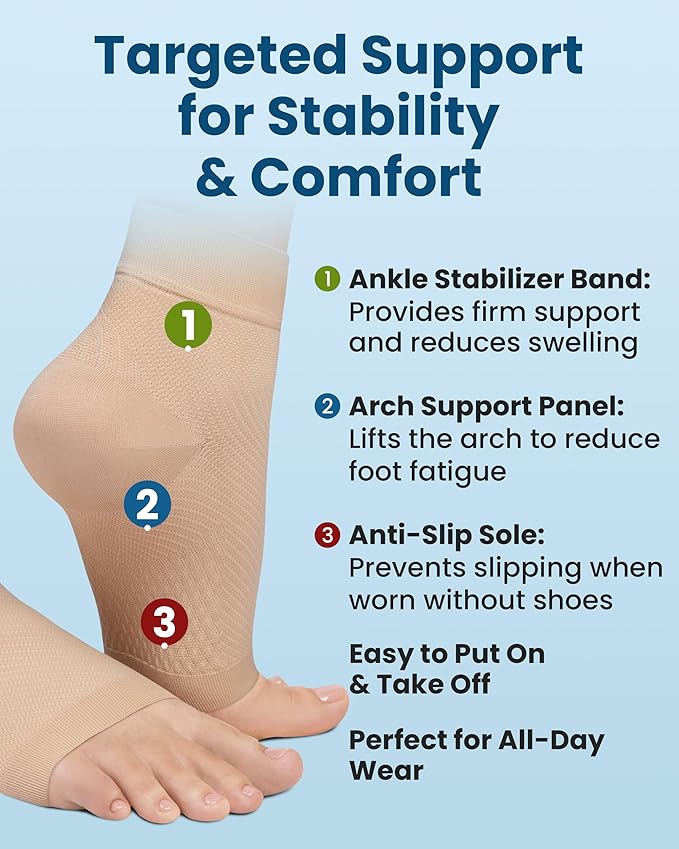 KEMFORD Ankle Compression Sleeve with Cooling Effect - 1-Pair, Plantar Fasciitis Braces - Open Toe Compression Socks for Swelling, Sprain, Neuropathy, Arch Support for Men and Women - M, Arctic Beige
