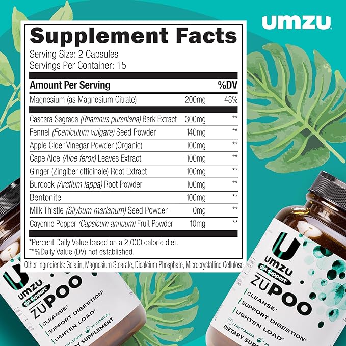 UMZU zuPOO Gut Cleanse Detox, 30 Capsules – 7-Day Natural Colon Cleanse with Cascara Sagrada & Magnesium Citrate – Vegan, Non-GMO, Gluten-Free Detox Cleanse Supplement for Healthy Bowel Support