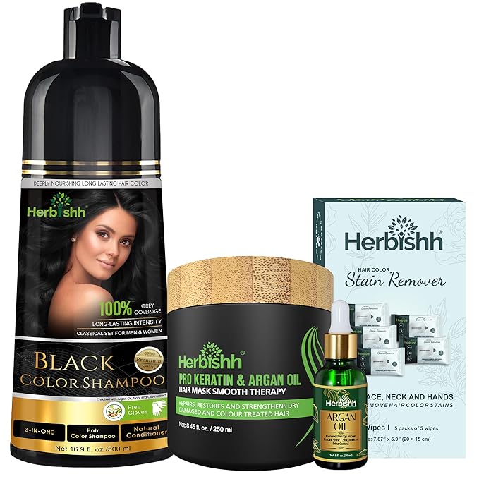Herbishh Hair Color Shampoo for Gray Hair – Natural Hair Dye Shampoo – Lasts Up To 3-4 Weeks – 500ML – 3-In-1 Hair Color – Colors, Cleanses, and Conditions (Black GiftSet)