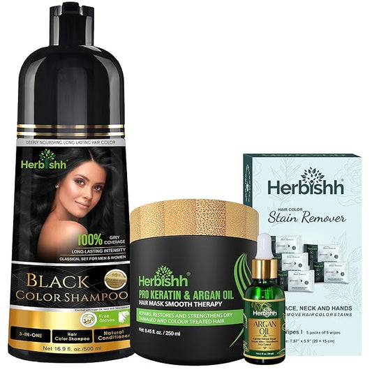 Herbishh Hair Color Shampoo for Gray Hair – Natural Hair Dye Shampoo – Lasts Up To 3-4 Weeks – 500ML – 3-In-1 Hair Color – Colors, Cleanses, and Conditions (Black GiftSet)