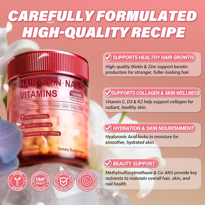 Kereeao Biotin Supplement for Hair, Skin and Nails - Support Healthy Hair Growth for Women & Men - Strong Nails & Radiant Skin - with Biotin, Hyaluronic Acid, Vitamin C, D3 & K2-120 Capsules (1 Pack)