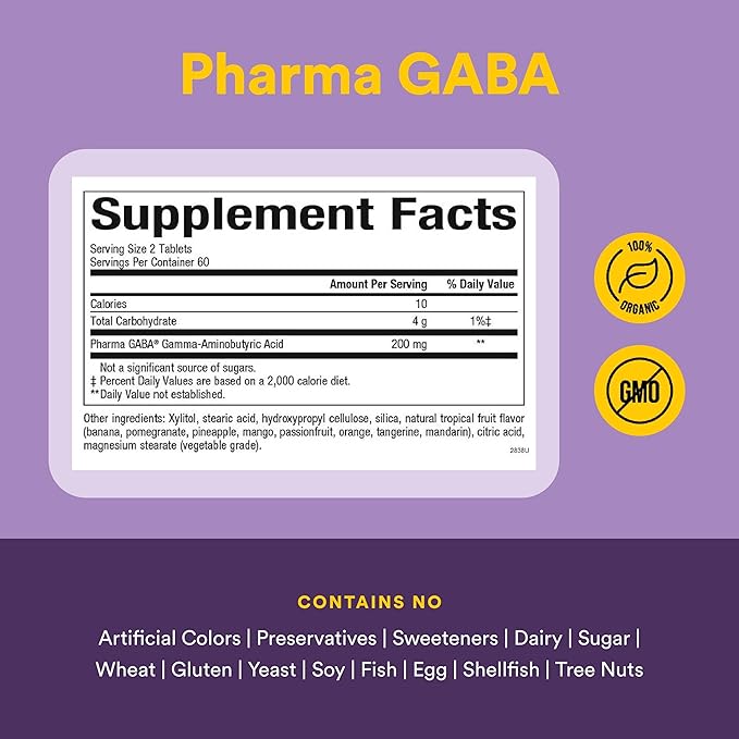 Natural Factors Pharma GABA - Dietary Supplement Supports Calm Sleep & Sleep Quality - Natural, Fast-Working Supplement Aids Focus & Brain Health - 120 Chewable Tablets (60 Servings)