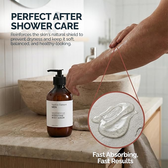 Nordisk Element Body Serum for Men, 9.13 Fl Oz | Lightweight & Instant Hydrating Serum with Hyaluronic Acid, Antioxidants & Nordic Botanicals | Vegan, Spices & Sandalwood Scent