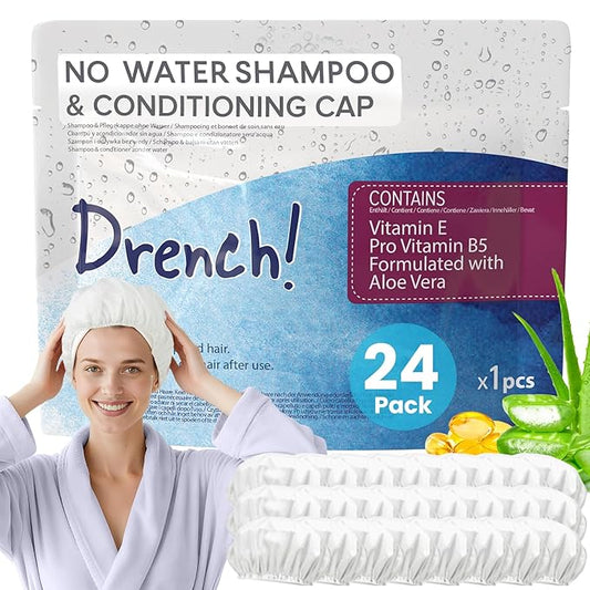Drench No Water Hair Washing Cap - Waterless Shower Caps with Shampoo and Conditioner - Disposable Rinse Free Wash Aids - Ideal for Elderly and Disabled - Pack of 24