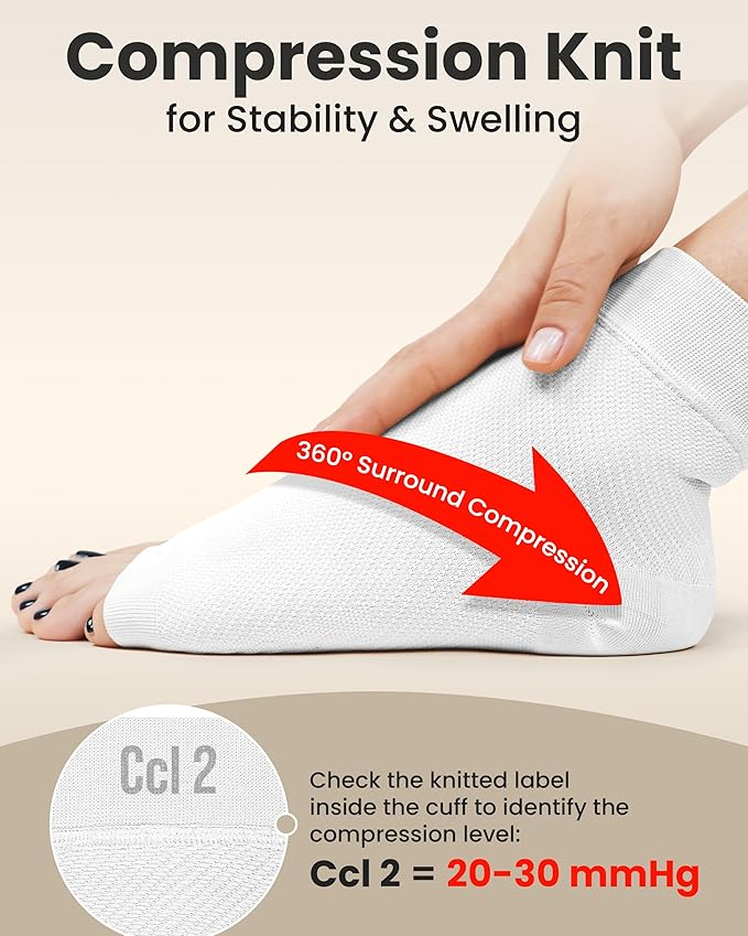KEMFORD Ankle Compression Sleeve - 1-Pair, Plantar Fasciitis Braces - Open Toe Compression Socks for Swelling, Sprain, Neuropathy, Foot Arch Support for Men and Women - 20-30mmhg, 2XL, White