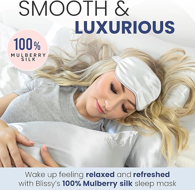 Blissy Silk Sleep Mask - Eye Sleeping Mask for Women & Men for Total Blackout - 100% Pure Mulberry Silk, 22 Momme 6a Fibers - Blindfold Sleep Mask Side Sleeper Eye Cover (Silver)