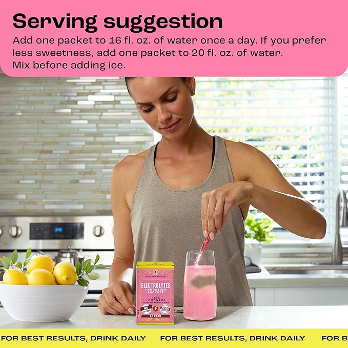 KEY NUTRIENTS Electrolytes Powder Packets - Fresh Pink Lemonade 20 Pack Hydration Packets - Travel Hydration Powder - Made in USA - No Sugar, No Calories, Gluten Free