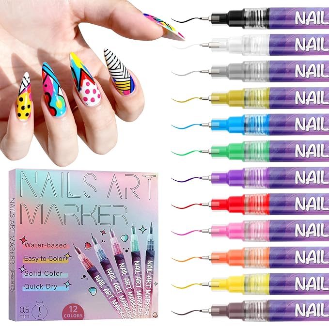 12 Colors Nail Art Pens Set, EBANKU Nail Polish Pens Quick-Drying Acrylic Paint Pen Nail Point Dotting Liner Pen Tools for Home & Salon Nail Art DIY