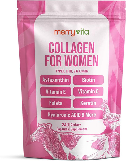 MERRY VITA Collagen for Women – Hydrolyzed Multi Collagen Peptides Types I, II, III, V & X – Collagen Supplement with Vitamin C, Biotin & Hyaluronic Acid – Grass Fed, Non-GMO, 240 Capsules