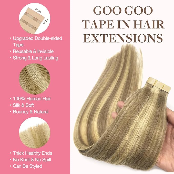 GOO GOO Tape in Hair Extensions Human Hair, 16/22 Light Blonde Highlighted Golden Blonde, 16inch 50g 20pcs, Skin Weft Seamless Invisible, Silky Straight with Thick Ends, Remy Human Hair