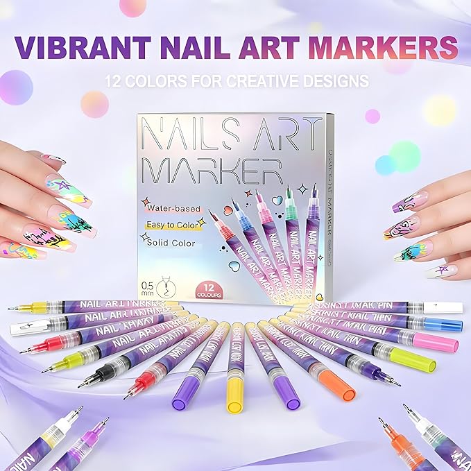 12 Colors Nails Art Pens Set,Upgrade Nails Art Markers with 0.5mm Fine Tip,Nails Art Markers Polish Pen for 3D Nails Art,Drawing Painting Liner Brush for DIY Nails Art Drawing Painting Tools(C-3 Sets)