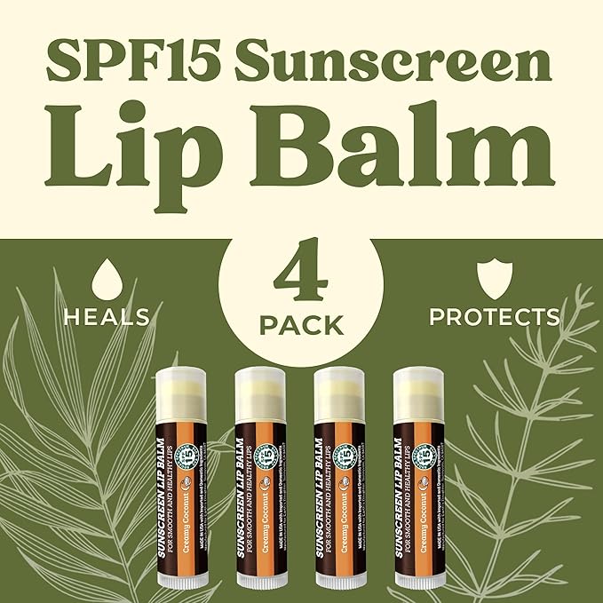 Earth's Daughter SPF Coconut Lip Balm 4-Pack - Lip Sunscreen, SPF 15, Organic Ingredients, Beeswax, Coconut Oil, Vitamin E - Hypoallergenic, Paraben Free, Gluten Free, New
