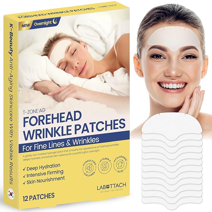 Forehead Wrinkle Patches Overnight 12ct Korean Hydrogel Anti Wrinkle Patches with Collagen, Hyaluronic Acid and Vitamin E for Forehead Lines