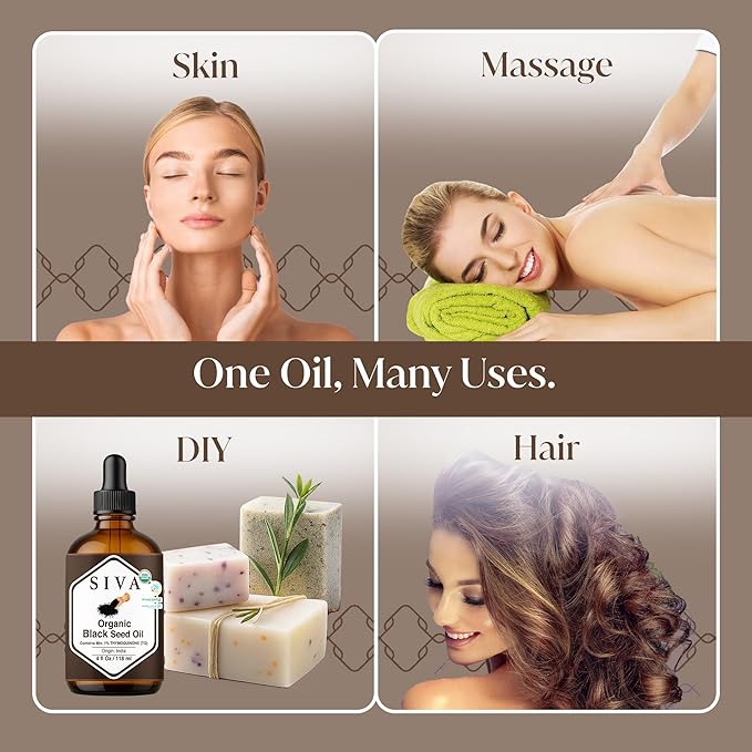 SIVA Black Seed Oil Organic - 4 Fl Oz – 100% Natural Cold Pressed Black Seed Oil - for Face, Skin Care, Hair Care, Scalp Massage & Body Massage – Carrier Oil with Dropper
