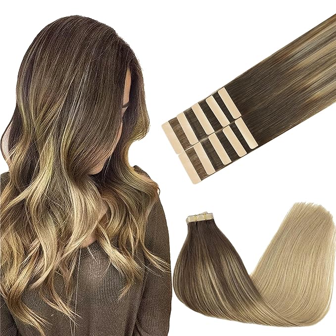 GOO GOO Tape in Hair Extensions Human Hair, 4/18 Balayage Chocolate Brown Highlighted Dirty Blonde, 14inch 25g 10pcs, Skin Weft Seamless Invisible, Silky Straight with Thick Ends, Remy Human Hair