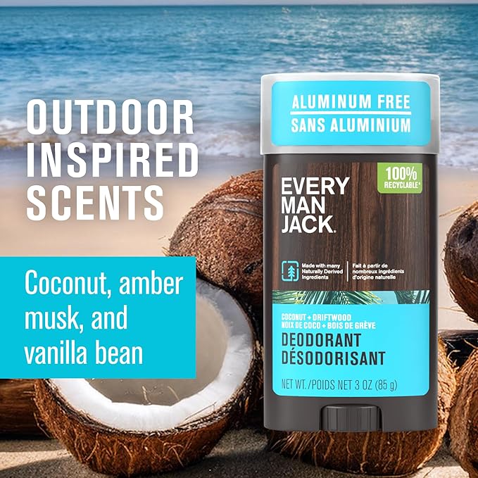 Every Man Jack Coconut Driftwood Men’s Deodorant - Stay Fresh with Aluminum Free Deodorant For all Skin Types - Odor Crushing, Long Lasting, with Naturally Derived Ingredients - 3oz (2 Pack)