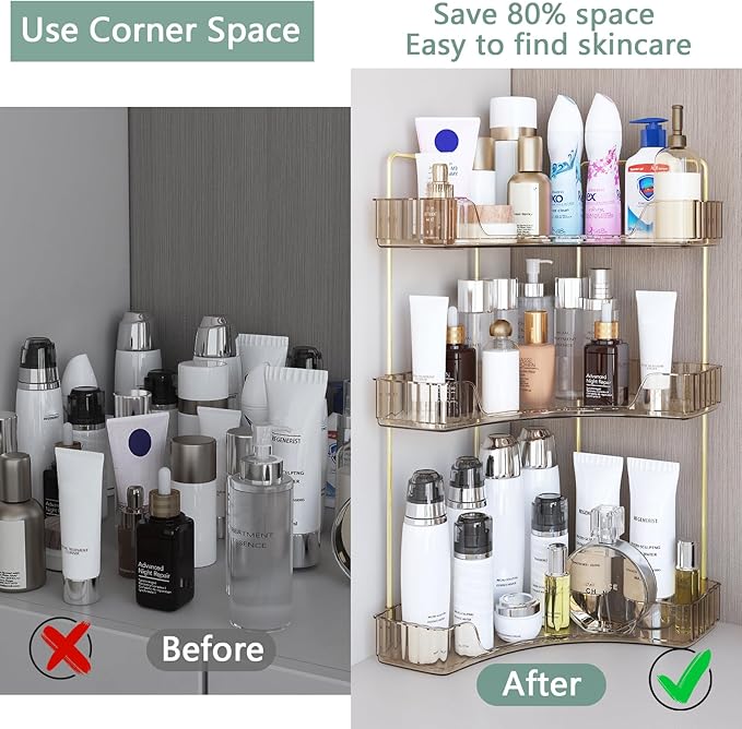 Webetop Countertop Bathroom Organizer 3 Tier Corner Organizer for Bathroom Counter Storage Makeup Organizer Shelf for Skincare, Cosmetic, Dresser, Toiletries Amber