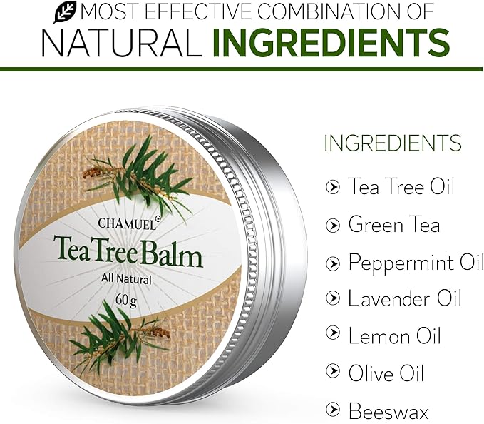 Chamuel Tea Tree Oil Balm – All Natural | Great Cream for Soothing Eczema, Cracked Foot, Rashes, Jock Itch, Bug Bites, Folliculitis, Acne, Itchy Skin, Psoriasis - Women & Men, 2.11 Ounce (Pack of 3)