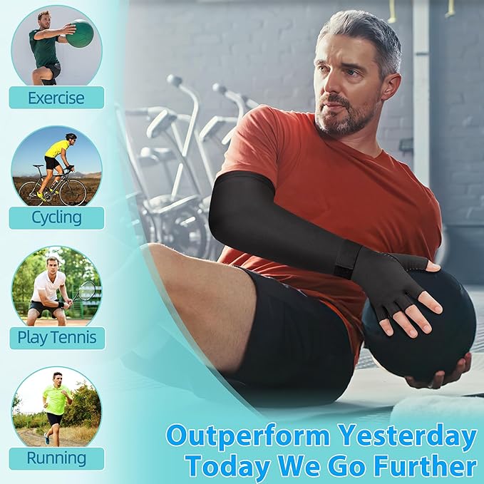 Copper Long Compression Arthritis Glove with Wrist Strap (1 Pcs), 20-30 mmHg Lymphedema Compression Arm Sleeve with Gauntlet, Fingerless Graded Pressure Full Arm and Hand Support for Men Women