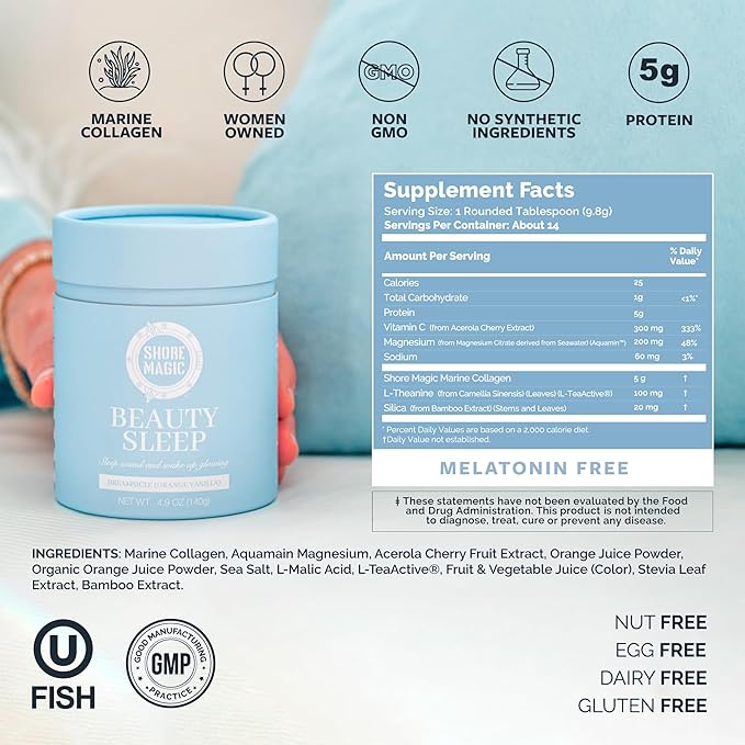 Shore Magic Beauty Sleep with Premium Marine Collagen – Hydrolyzed Type I-IV Peptides with Magnesium & L-Theanine, Promotes Relaxation & Restful Sleep, Orange-Vanilla Flavor, Sugar-Free,Melatonin-Free