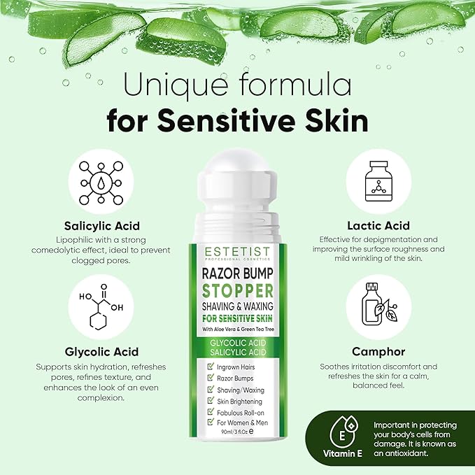 ESTETIST Razor Bump Solution Roll-On for Sensitive Skin, Ingrown Hair & Razor Burn Care Serum with Aloe Vera & Tea Tree, Soothing After Shave Skin Care for Bikini Area, Face, Neck & Legs