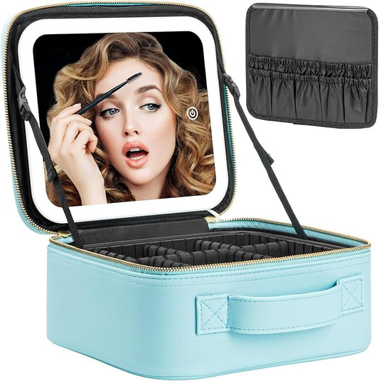 Makeup Travel Train Case with Mirror LED Light 3 Adjustable Brightness Large Cosmetic Bag Portable Storage Adjustable Partition Waterproof Makeup Brushes Make up Jewelry Gift for Women