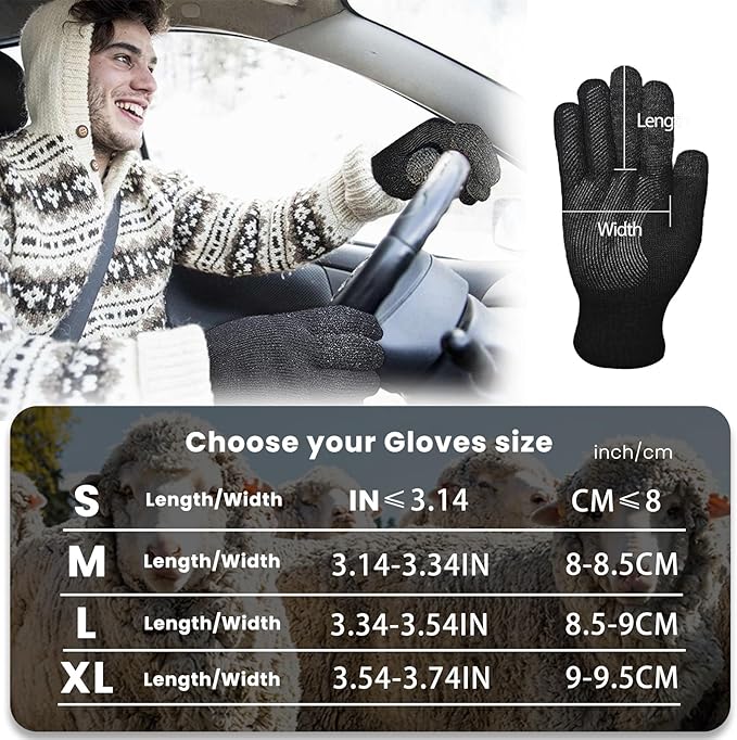 Winter Gloves Men Women, Thermal Merino Wool,6 Finger Touch Screen, Warm Fleece lined for Christmas