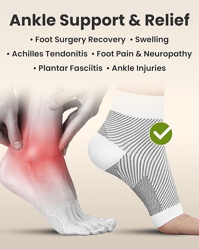 KEMFORD Ankle Compression Sleeve - 1-Pair, Plantar Fasciitis Braces - Open Toe Compression Socks for Swelling, Sprain, Neuropathy, Foot Arch Support for Men and Women - 20-30mmhg, L, White and Black