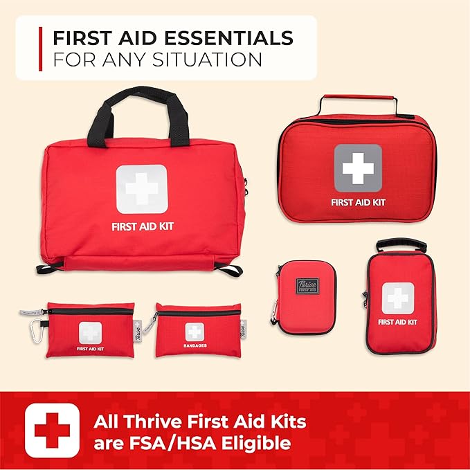 Thrive Mini First Aid Kit - Compact Travel Essentials for Camping & Cruise, Waterproof Survival Med Kit for Hiking, Portable Emergency Hiking Supplies Pouch, 66-Piece, Red Shell Case