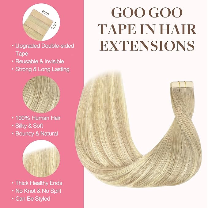 GOO GOO Tape in Hair Extensions Human Hair, 18ET90A Natural Blonde Balayage, 14inch 25g 10pcs, Skin Weft Seamless Invisible, Silky Straight with Thick Ends, Remy Human Hair