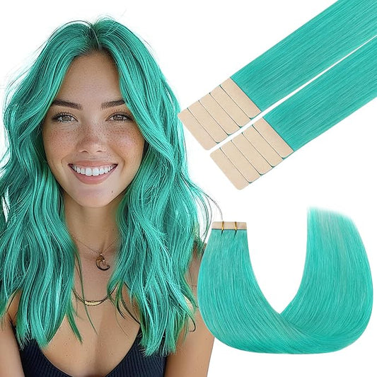 GOO GOO Tape in Hair Extensions Human Hair, Teal Green, 18inch 25g 10pcs, Colored Tape ins Human Hair Extensions, Silky&Soft Invisible Tape Ins, Hair Highlighted for Party