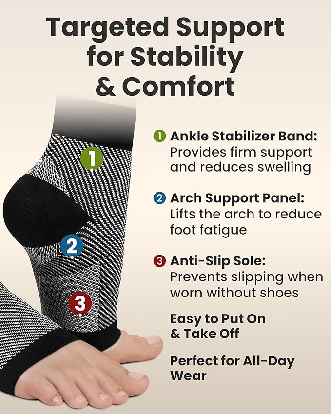 KEMFORD Ankle Compression Sleeve - 1-Pair, Plantar Fasciitis Braces - Open Toe Compression Socks for Swelling, Sprain, Neuropathy, Foot Arch Support for Men and Women - 20-30mmhg, L, Black and White