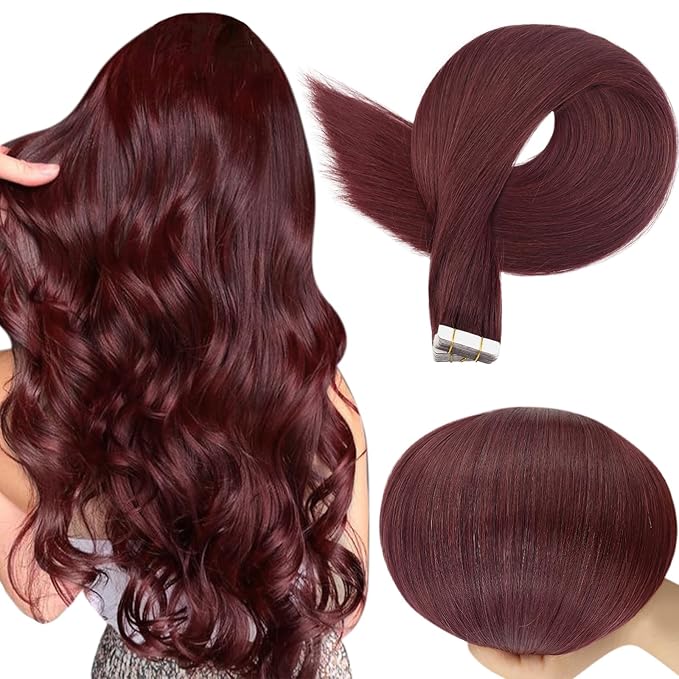 Full Shine Human Hair Extensions Tape in Color 99J Wine Red Seamless Tape in Hair Extensions Double Sided 18Inch Natural Straight Remy Skin Weft 100Gram 40Pcs Add Length for Party